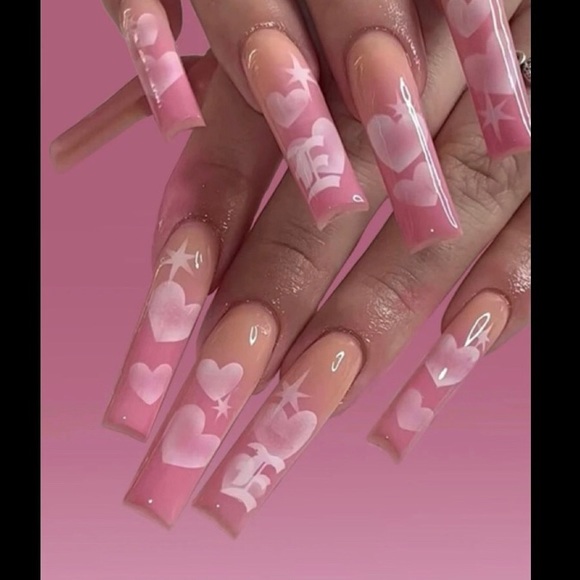 SOLD STUNNING Long Pink Heart Designed Press On Nails - Picture 2 of 2